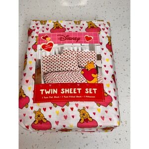NWT Disney Winnie the Pooh Twin Sheet Set 100% Cotton Hearts Pink Red White